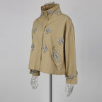 Khaki Rhinestone Embellished Cropped Jacket Women | Stand Collar Zip Up Bomber Style - Styeenigma