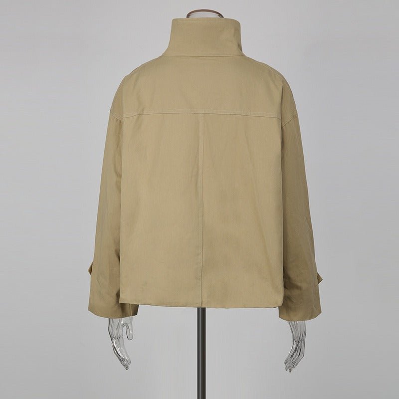 Khaki Rhinestone Embellished Cropped Jacket Women | Stand Collar Zip Up Bomber Style - Styeenigma