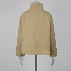 Khaki Rhinestone Embellished Cropped Jacket Women | Stand Collar Zip Up Bomber Style - Styeenigma