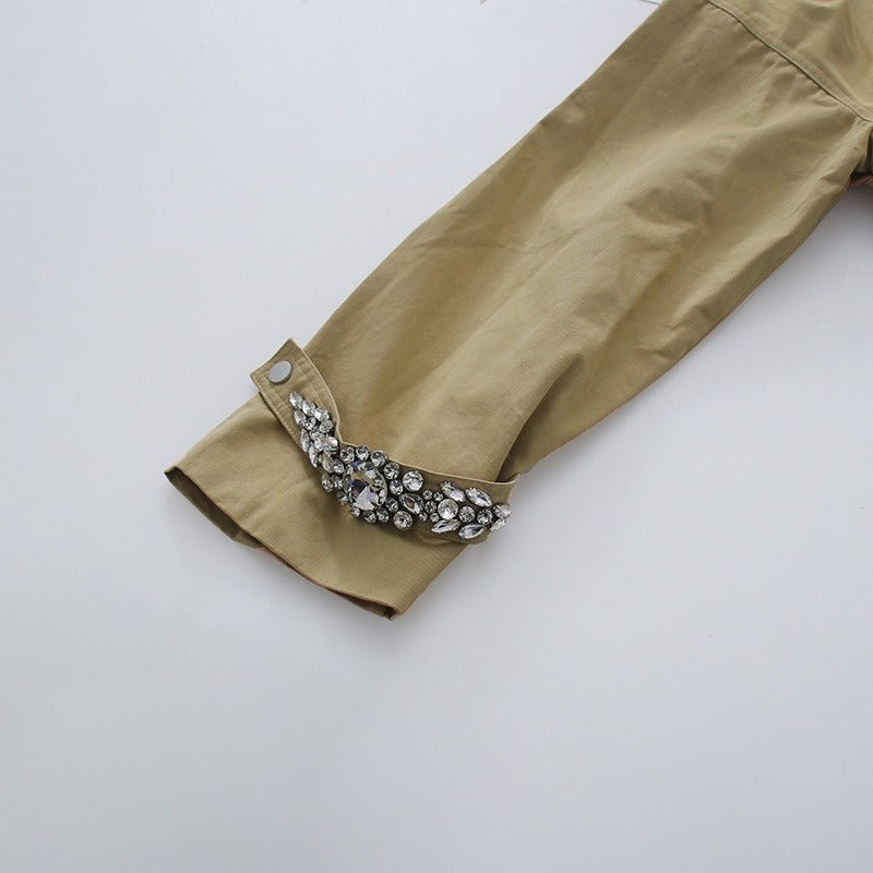 Khaki Rhinestone Embellished Cropped Jacket Women | Stand Collar Zip Up Bomber Style - Styeenigma