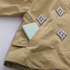 Khaki Rhinestone Embellished Cropped Jacket Women | Stand Collar Zip Up Bomber Style - Styeenigma