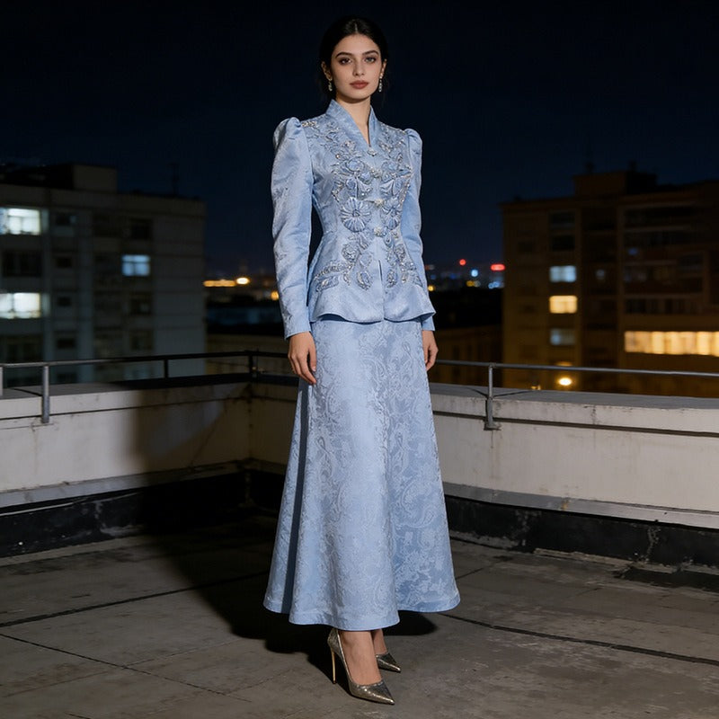 Elegant Formal Dress Set - Floral Embroidery Peplum Top Maxi Skirt