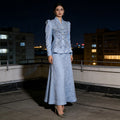 Elegant Formal Dress Set - Floral Embroidery Peplum Top Maxi Skirt