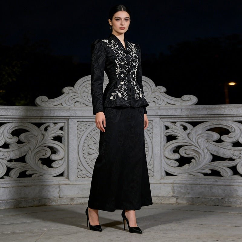 Elegant Formal Dress Set - Floral Embroidery Peplum Top Maxi Skirt - Styeenigma