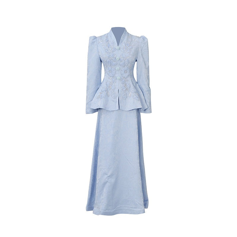 Elegant mother of the bride dress in light blue lace
