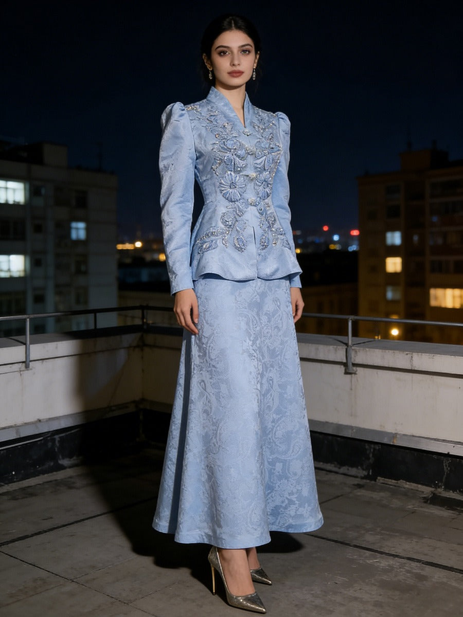 Light blue lace two-piece formal dress with peplum top and maxi skirt