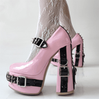 Women's Y2K Platform Mary Jane Heels - Ultra High Chunky Block Heel Pumps with Chain Rivet Buckle, Kawaii Punk Gothic Lolita Cosplay Shoes - Styeenigma