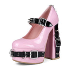 Women's Y2K Platform Mary Jane Heels - Ultra High Chunky Block Heel Pumps with Chain Rivet Buckle, Kawaii Punk Gothic Lolita Cosplay Shoes - Styeenigma