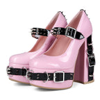 Women's Y2K Platform Mary Jane Heels - Ultra High Chunky Block Heel Pumps with Chain Rivet Buckle, Kawaii Punk Gothic Lolita Cosplay Shoes - Styeenigma