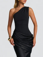 Black Satin One-Shoulder Gown – Elegant Ruched Maxi Dress for Formal Events & Galas