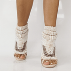 Nude Faux Pearl High Heel Sandals - Sexy Strappy Gladiator Stiletto Boots for Women - Styeenigma