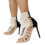 Nude Faux Pearl High Heel Sandals - Sexy Strappy Gladiator Stiletto Boots for Women - Styeenigma