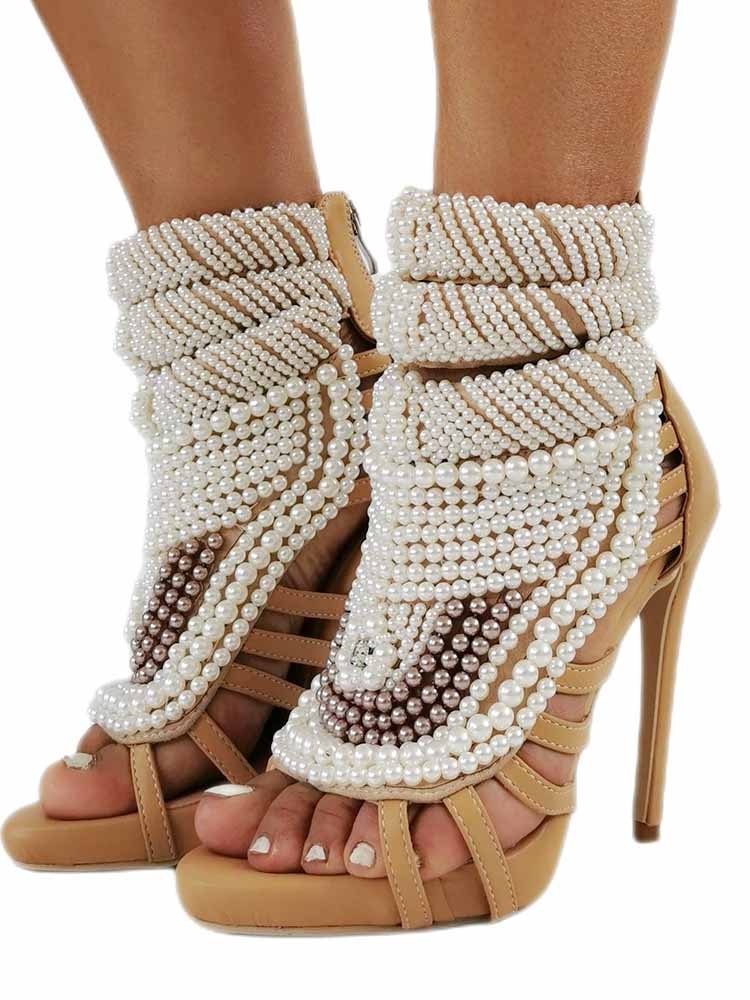 Nude Faux Pearl High Heel Sandals - Sexy Strappy Gladiator Stiletto Boots for Women - Styeenigma