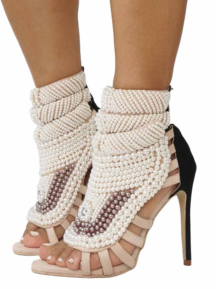 Nude Faux Pearl High Heel Sandals - Sexy Strappy Gladiator Stiletto Boots for Women - Styeenigma
