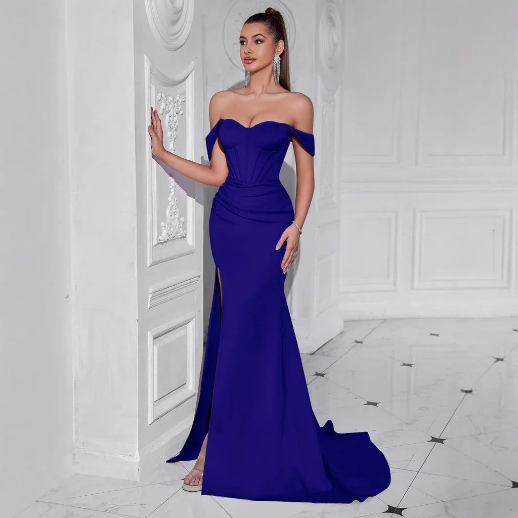 Off-the-Shoulder Mermaid Long Prom Dress with High Slit - Styeenigma