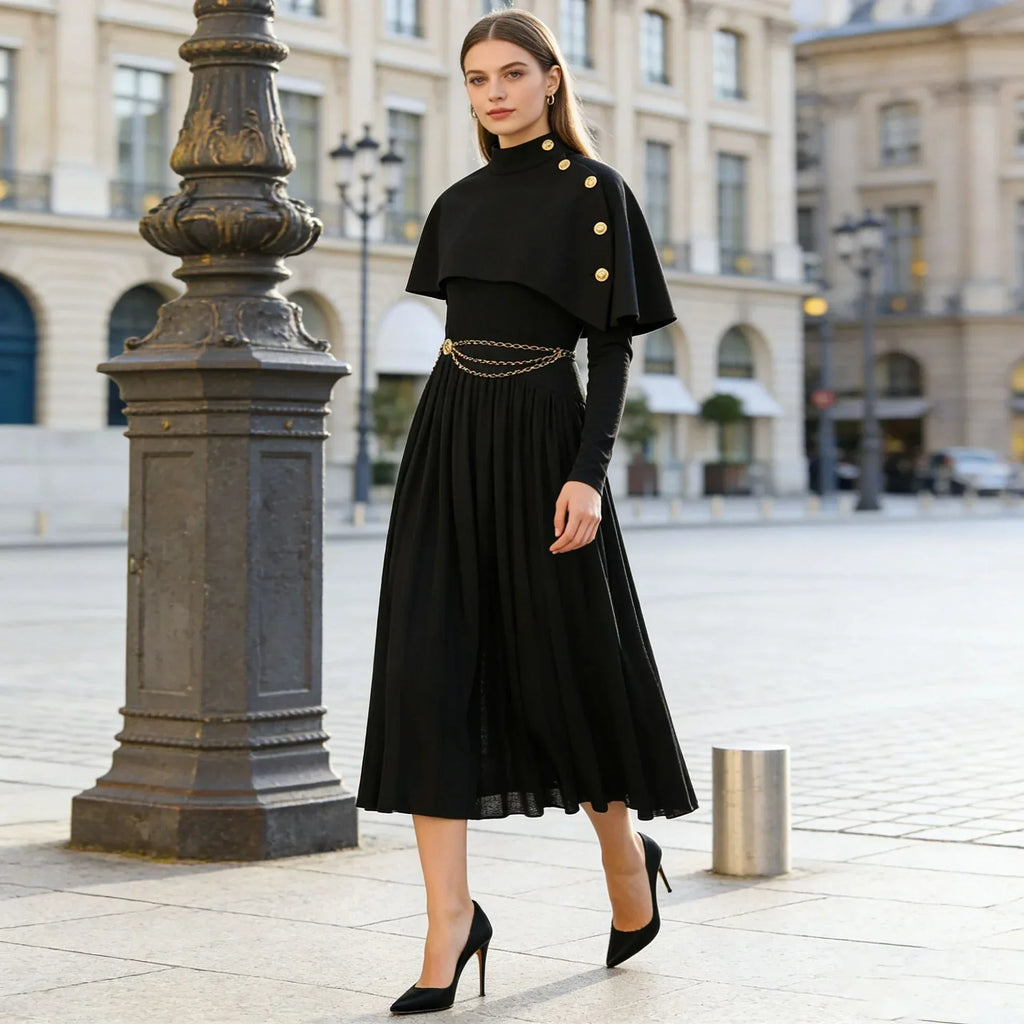 Women’s Two-Piece Set – Button-Detail Shawl & Long-Sleeve Pleated Dress - Styeenigma