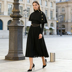 Women’s Two-Piece Set – Button-Detail Shawl & Long-Sleeve Pleated Dress - Styeenigma