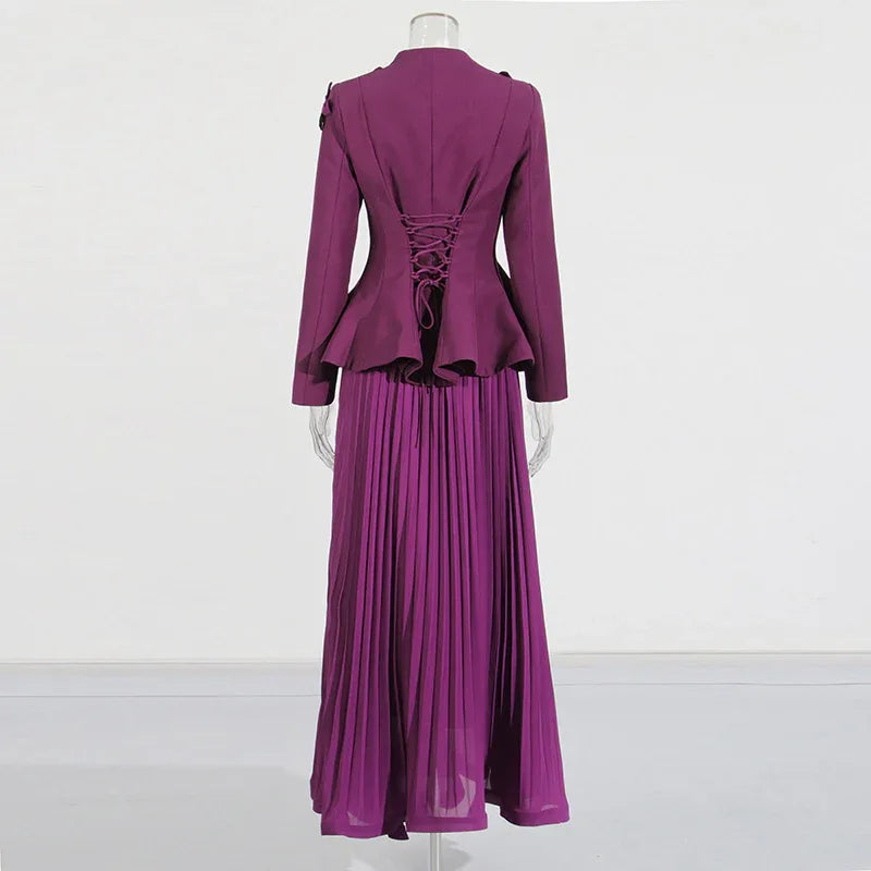 Elegant Two-Piece Set – 3D Embroidered Jacket & High-Waist Pleated Skirt - Styeenigma