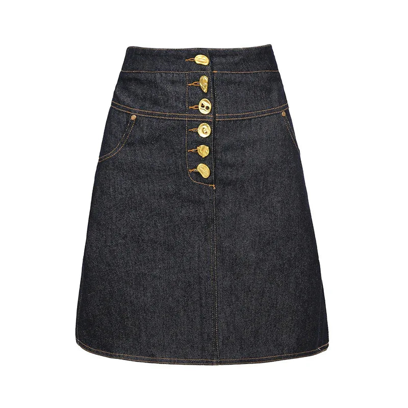 High Waist Single-Row Gold Button Denim A-Line Mini Skirt for Women - Styeenigma