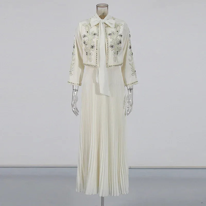 Embroidered Two-Piece Set – Rhinestone Detailing Sleeveless Dress & Jacket - Styeenigma