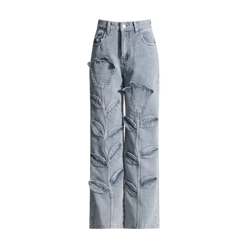Street Style Floral Patchwork High Waist Straight Denim Jeans - Styeenigma