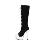 Women’s Black White Knee High Platform Stiletto Sneaker Boots Lace Up High Heel Boots
