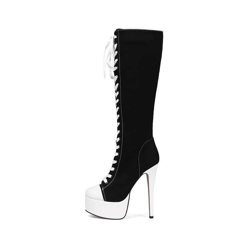 Women’s Black White Knee High Platform Stiletto Sneaker Boots Lace Up High Heel Boots