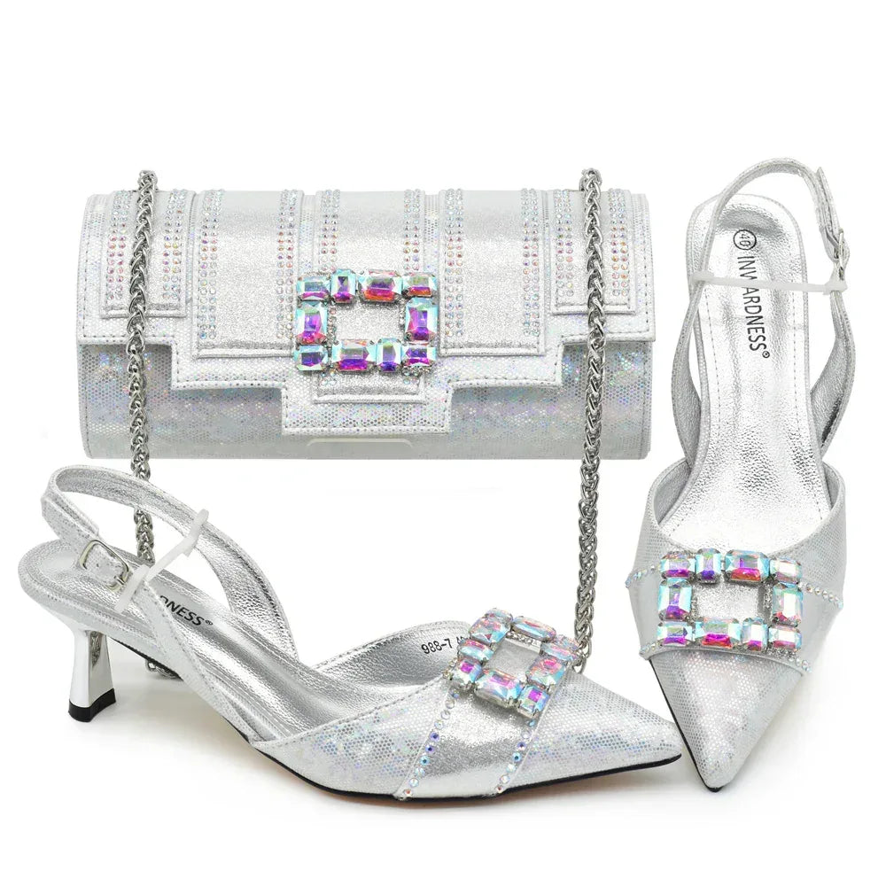 Diamond Pointed Toe Heels & Evening Bag With Rhinestone Set - Styeenigma