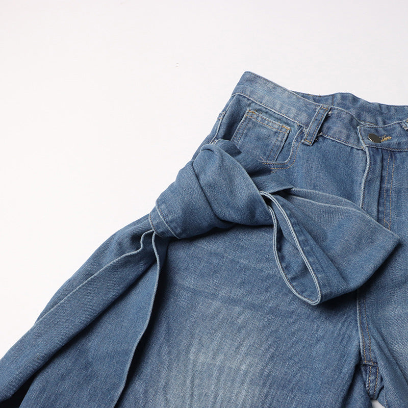 Detachable Ribbon Patchwork High-Waist Straight-Leg Jeans Denim Pants