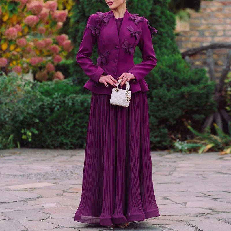 Elegant Two-Piece Set – 3D Embroidered Jacket & High-Waist Pleated Skirt - Styeenigma