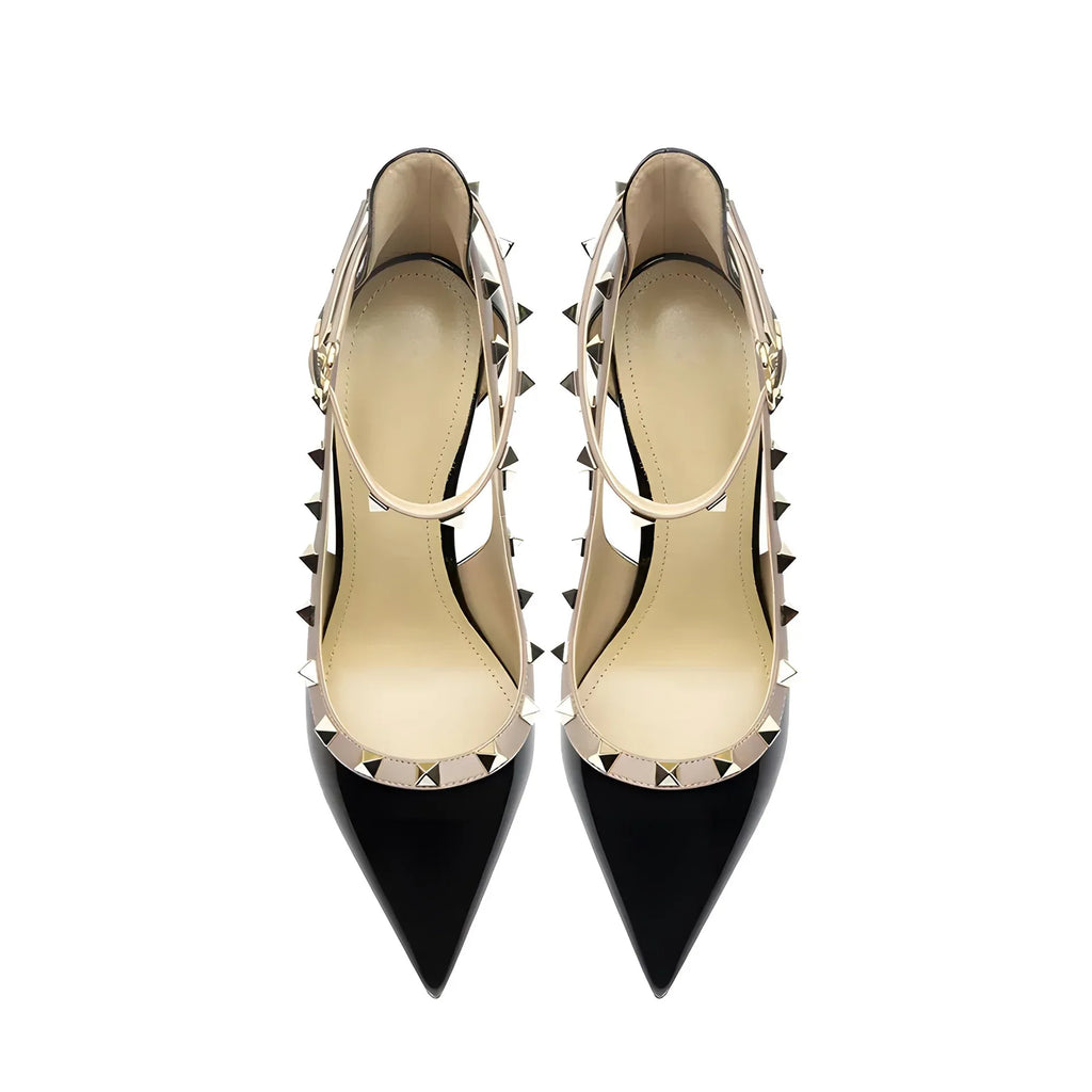 Pointed Toe Patent Leather High Heels Ankle Straps with Studs Detail - Styeenigma