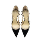 Pointed Toe Patent Leather High Heels Ankle Straps with Studs Detail - Styeenigma