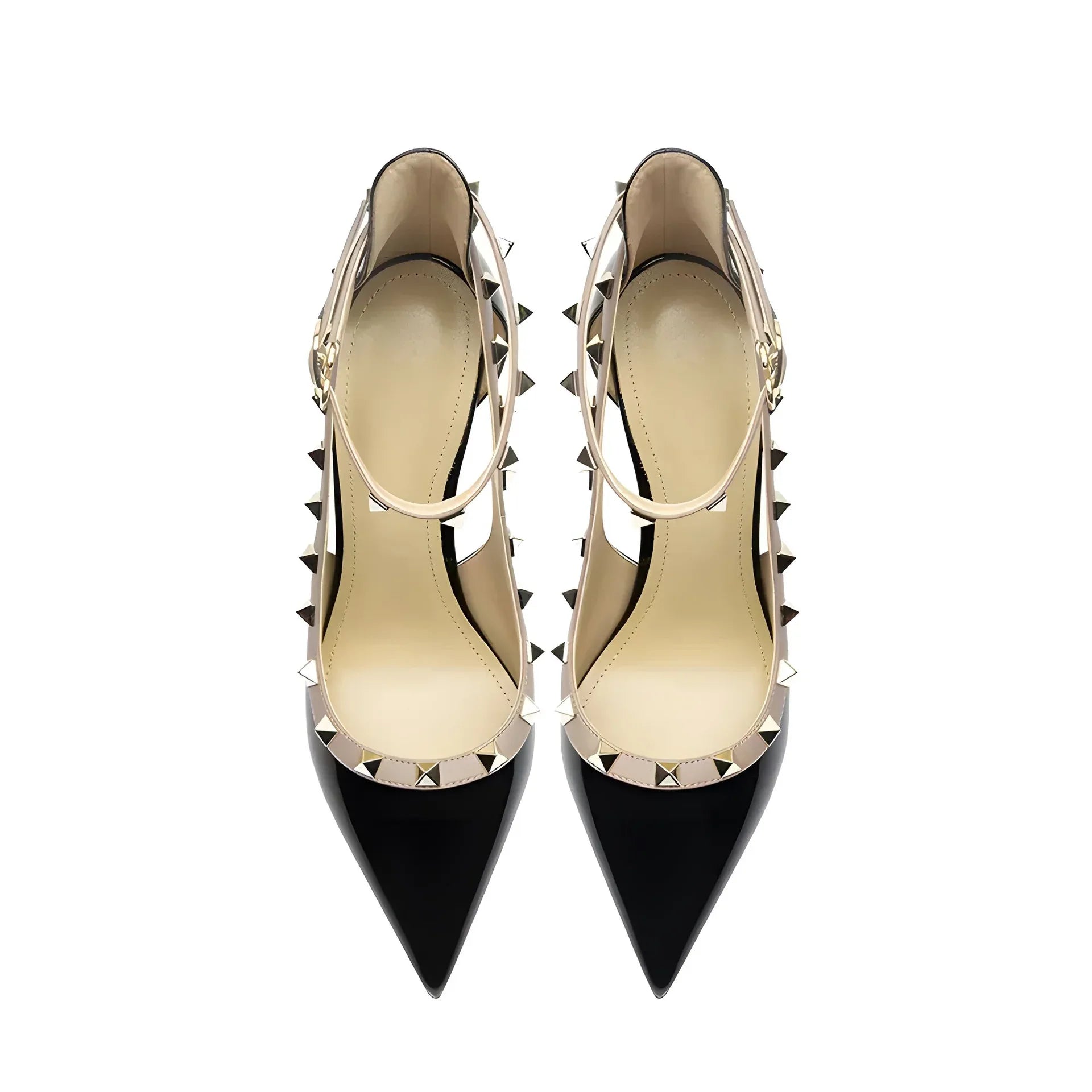 Pointed Toe Patent Leather High Heels Ankle Straps with Studs Detail - Styeenigma