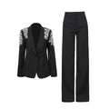 Women’s Black Suit Two-Piece Set – Rhinestone Blazer & High-Waist Straight Leg Pantsuit