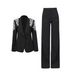 Women’s Black Suit Two-Piece Set – Rhinestone Blazer & High-Waist Straight Leg Pantsuit