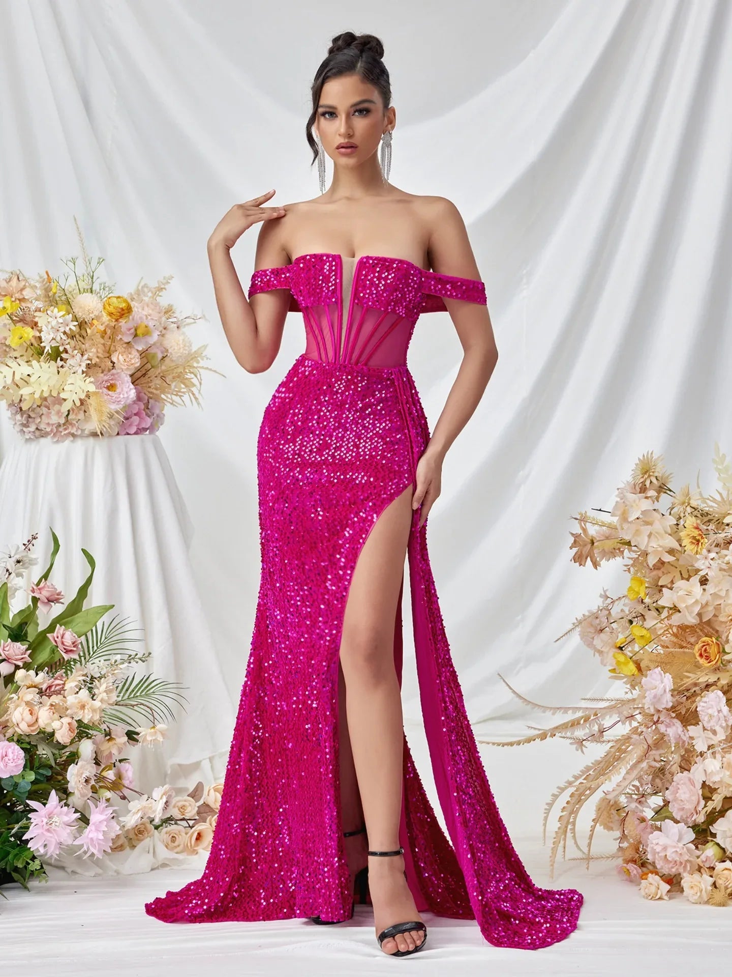 Sequin Off-the-Shoulder Mermaid Long Evening Gown Dress With Slit - Styeenigma