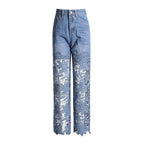 High Waist Lace Patchwork Straight-Leg Denim Pants for Women