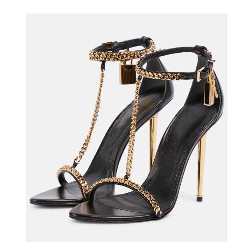 Gold Chain Stiletto Heels for Women – Metallic Sandals with Ankle Strap & Tassel Charm - Styeenigma
