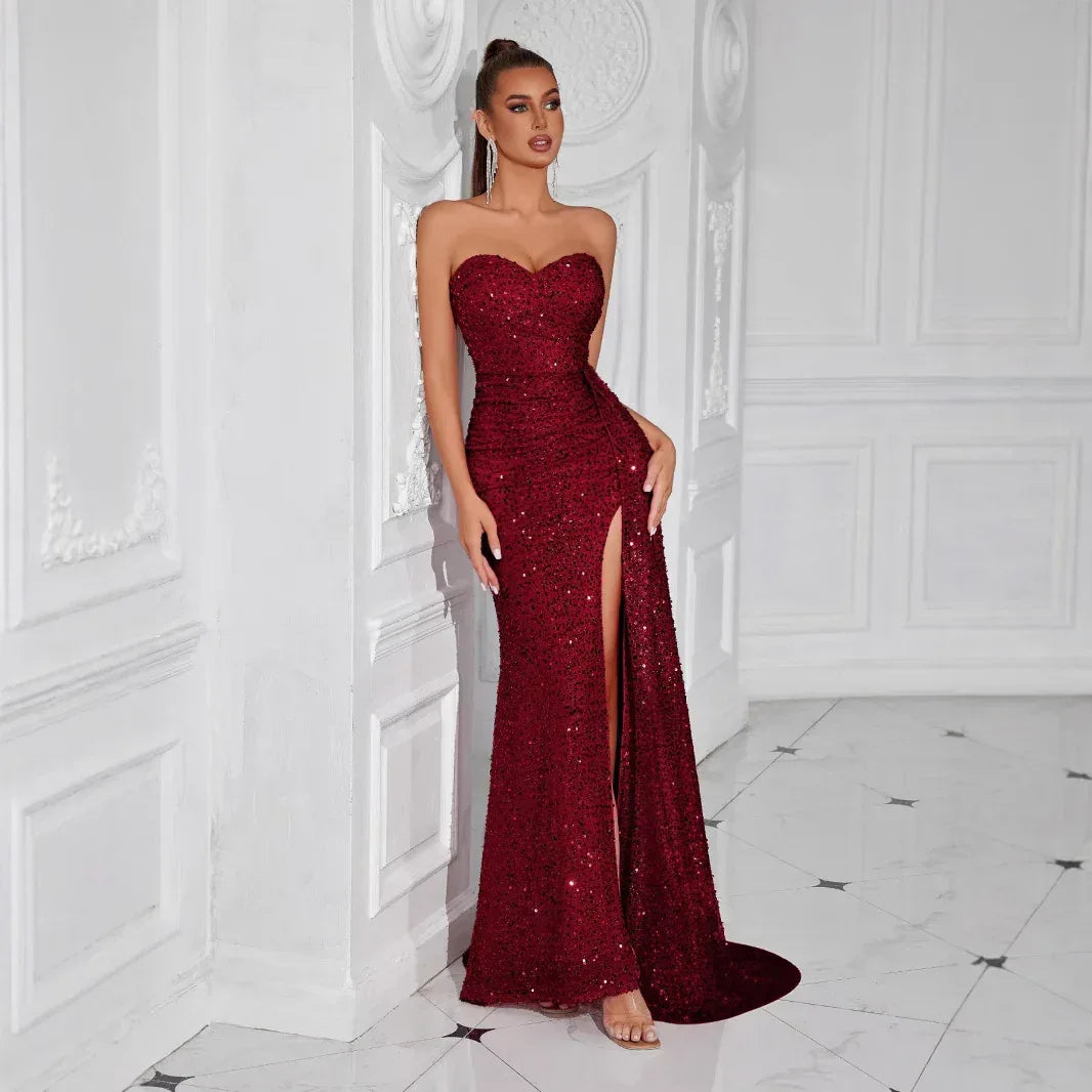 Strapless Evening Maxi Dress with High Slit – Long Sequin Prom Dress - Styeenigma