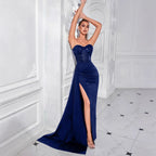 Sequin Strapless Ruched High Slit Evening Gown Dress – Elegant Formal Maxi - Styeenigma