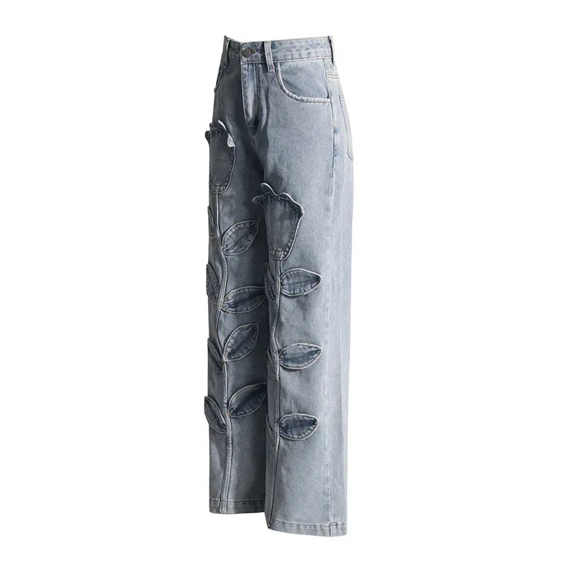 Street Style Floral Patchwork High Waist Straight Denim Jeans - Styeenigma