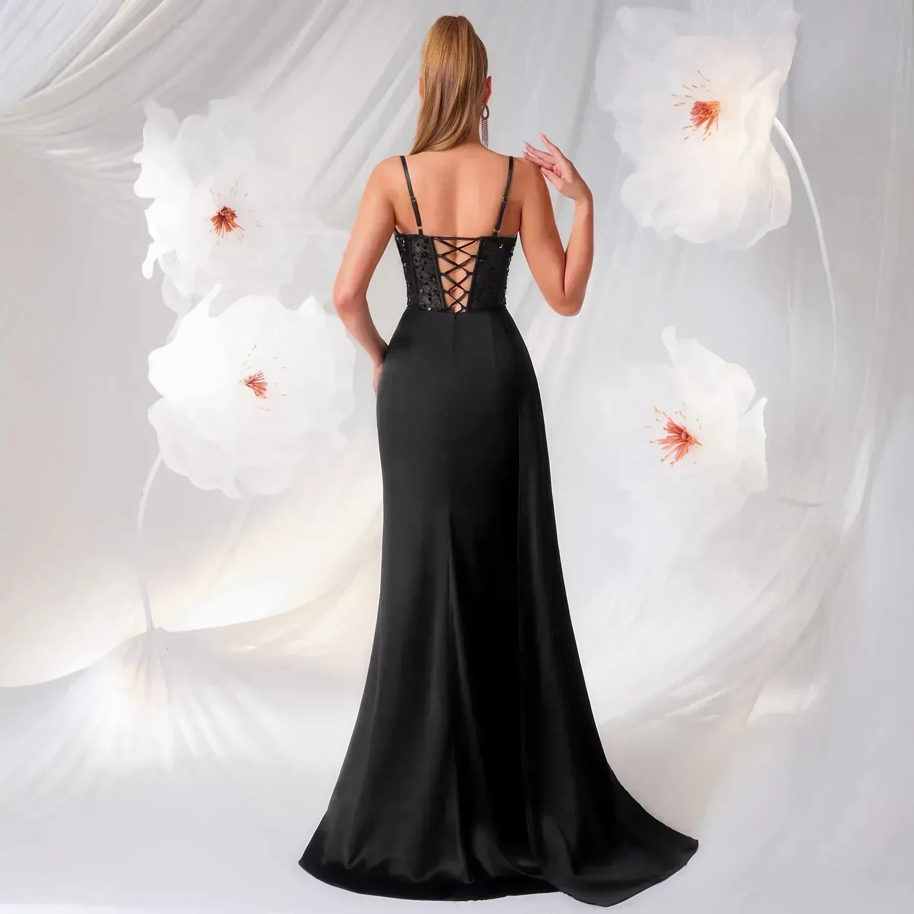 Backless Rhinestone Bustier Evening Gown with Train – Black Formal Dress - Styeenigma