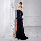Long Sleeve Strapless Rhinestone Embellished Mermaid Evening Gown Dress - Styeenigma