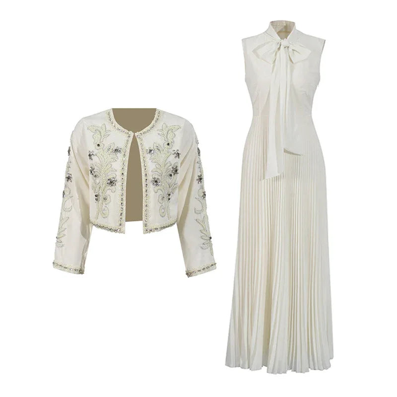Embroidered Two-Piece Set – Rhinestone Detailing Sleeveless Dress & Jacket - Styeenigma