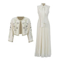 Embroidered Two-Piece Set – Rhinestone Detailing Sleeveless Dress & Jacket - Styeenigma