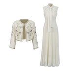Embroidered Two-Piece Set – Rhinestone Detailing Sleeveless Dress & Jacket - Styeenigma