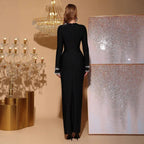 Feather Rhinestone Long Sleeve Bandage Evening Dress - Styeenigma