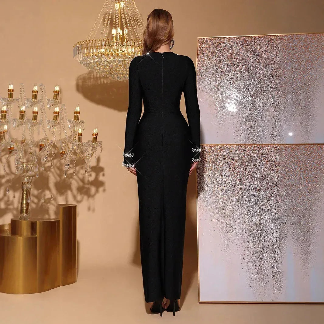 Feather Rhinestone Long Sleeve Bandage Evening Dress - Styeenigma