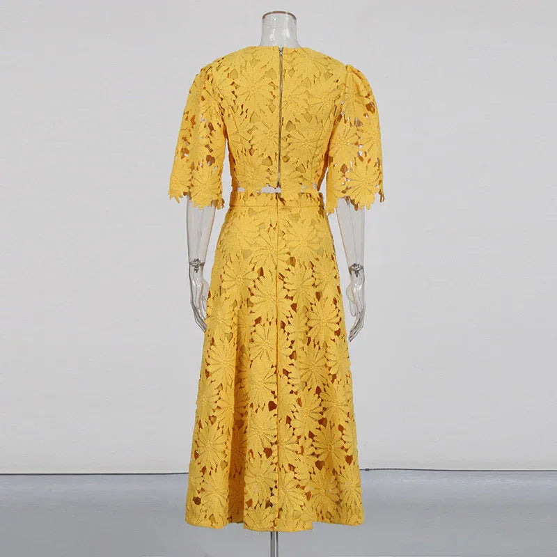 Elegant Two-Piece Set – Embroidered Hollow-Out Crewneck Top & High-Waist Skirt - Styeenigma