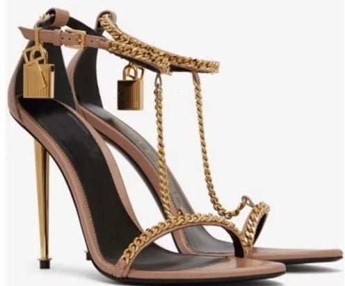 Gold Chain Stiletto Heels for Women – Metallic Sandals with Ankle Strap & Tassel Charm - Styeenigma